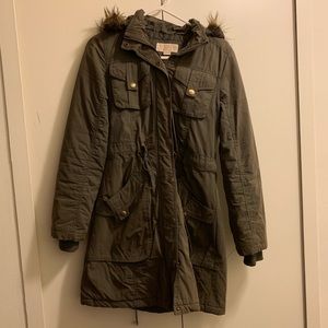 Michael Kors green coat with faux fur hood